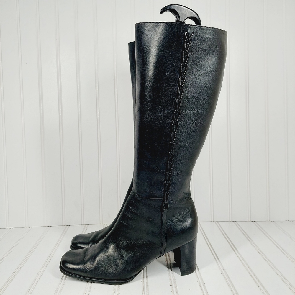 90s Vintage Leather Square Toe Block Heel Knee High Boots